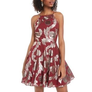 City Studios Juniors' Metallic-Print Fit & Flare Dress - Berry Size 3